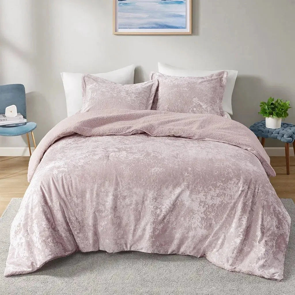 Winter Comforter Set Crushed Velvet Sherpa Reversible Floral Solid Woven Technique Cotton PVC King Super King Home Julia M LifeStyles