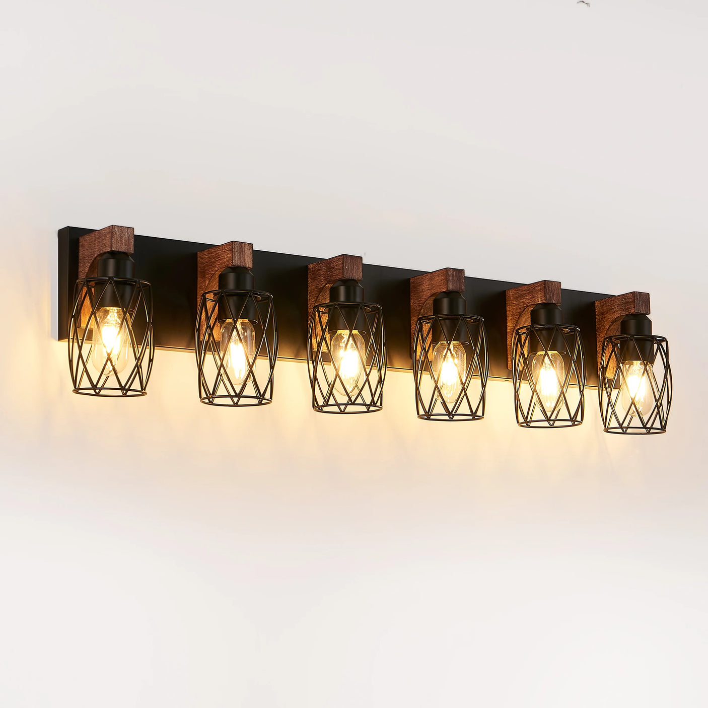6-Light Wood Bathroom Light Fixtures Over Mirror, Black Industrial Vanity Lights with Metal Shade, Rustic Bathroom Lighting
