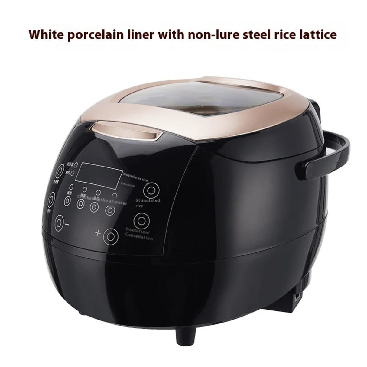 Black rice cooker with white porcelain liner and non-lure steel rice lattice on a white background