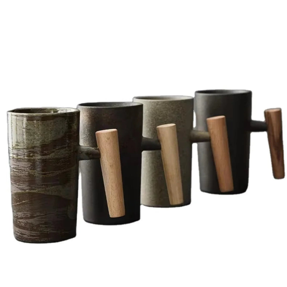 Set of four ceramic mugs with wooden handles on a white background