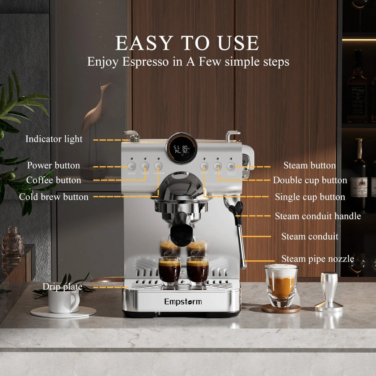 Espresso machine with labeled buttons on a countertop, featuring the brand 'Empstorm'.