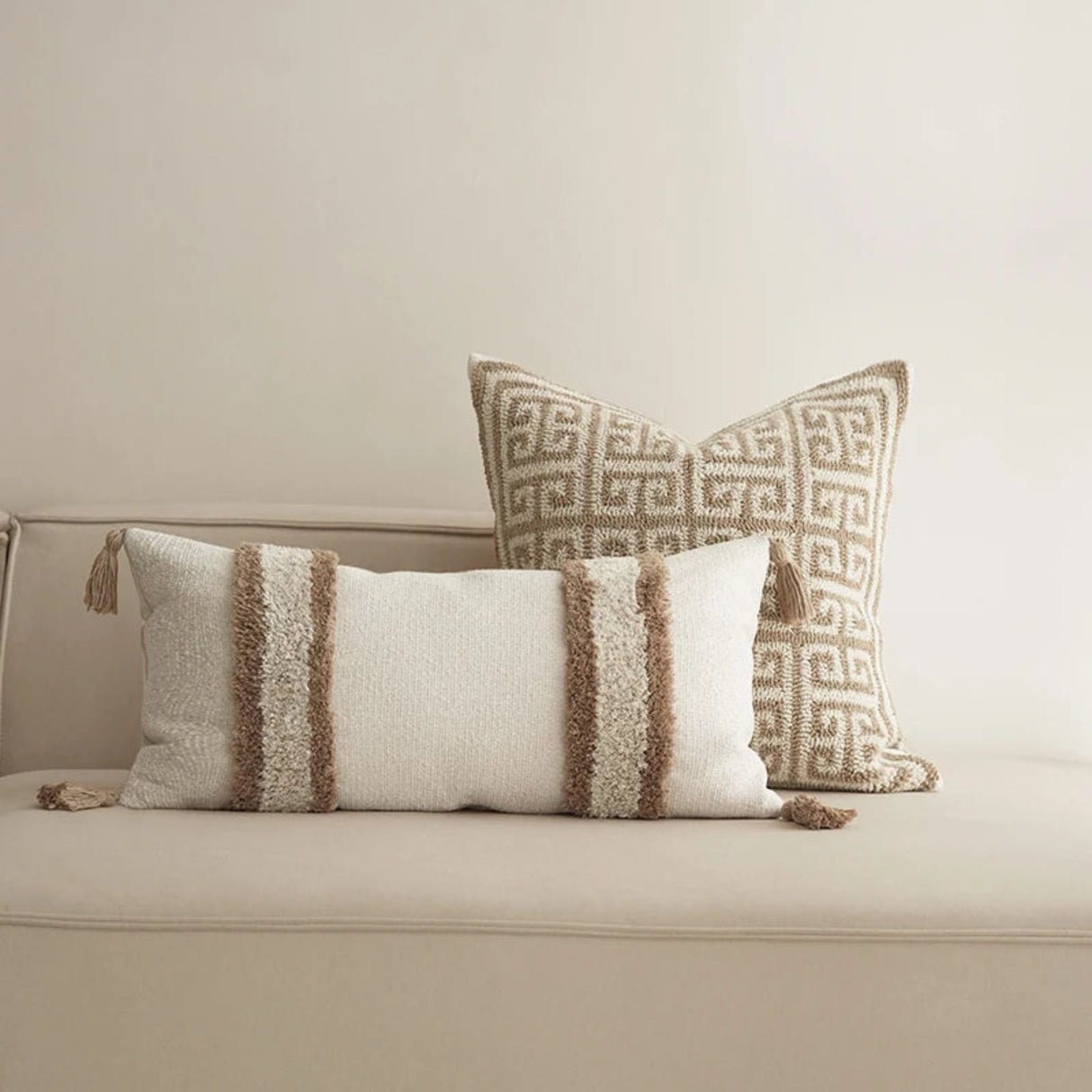 Two decorative pillows on a beige sofa against a neutral wall.