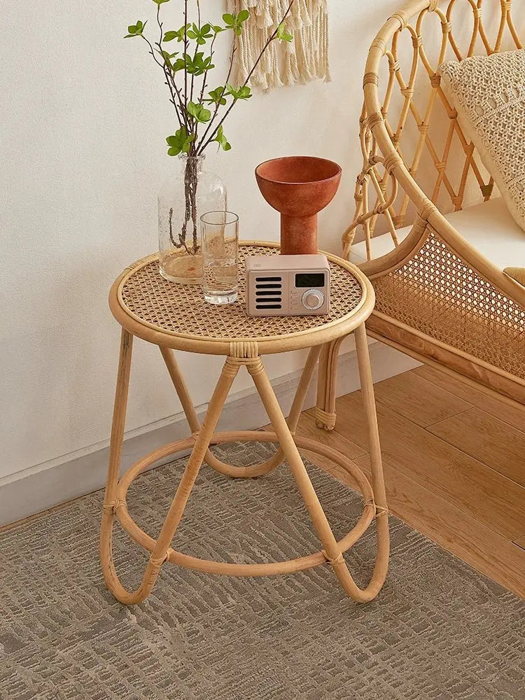 Japanese-Style Ins Rattan Glass Grid Red Small Coffee Table Minimalist Modern Creative Side Table Sofa Side Cabinet Double-Layer Small Table - Julia M LifeStyles