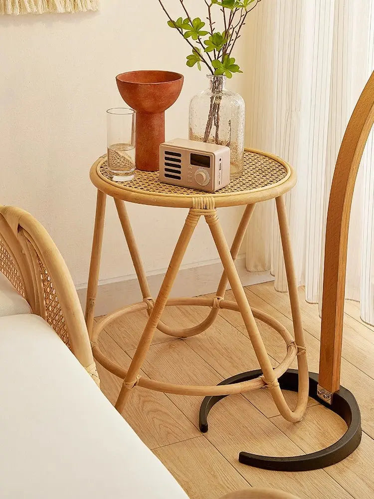 Japanese-Style Ins Rattan Glass Grid Red Small Coffee Table Minimalist Modern Creative Side Table Sofa Side Cabinet Double-Layer Small Table - Julia M LifeStyles