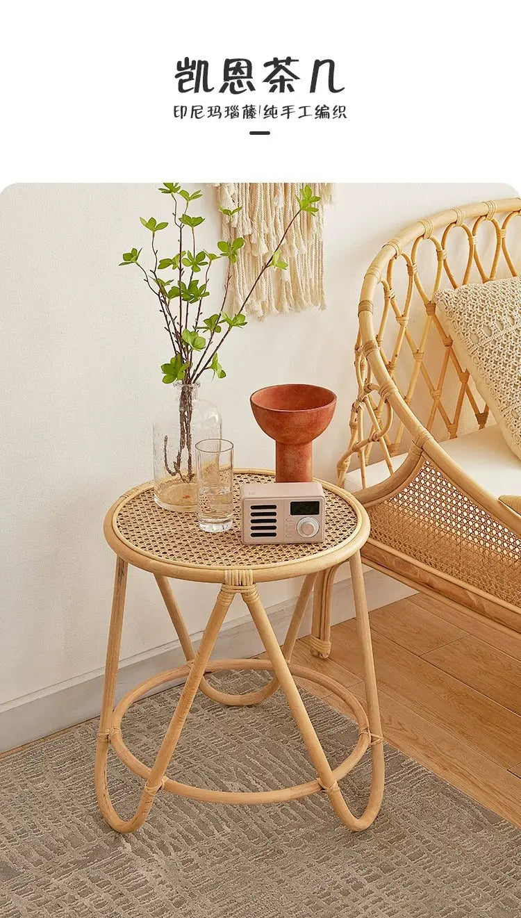 Japanese-Style Ins Rattan Glass Grid Red Small Coffee Table Minimalist Modern Creative Side Table Sofa Side Cabinet Double-Layer Small Table - Julia M LifeStyles