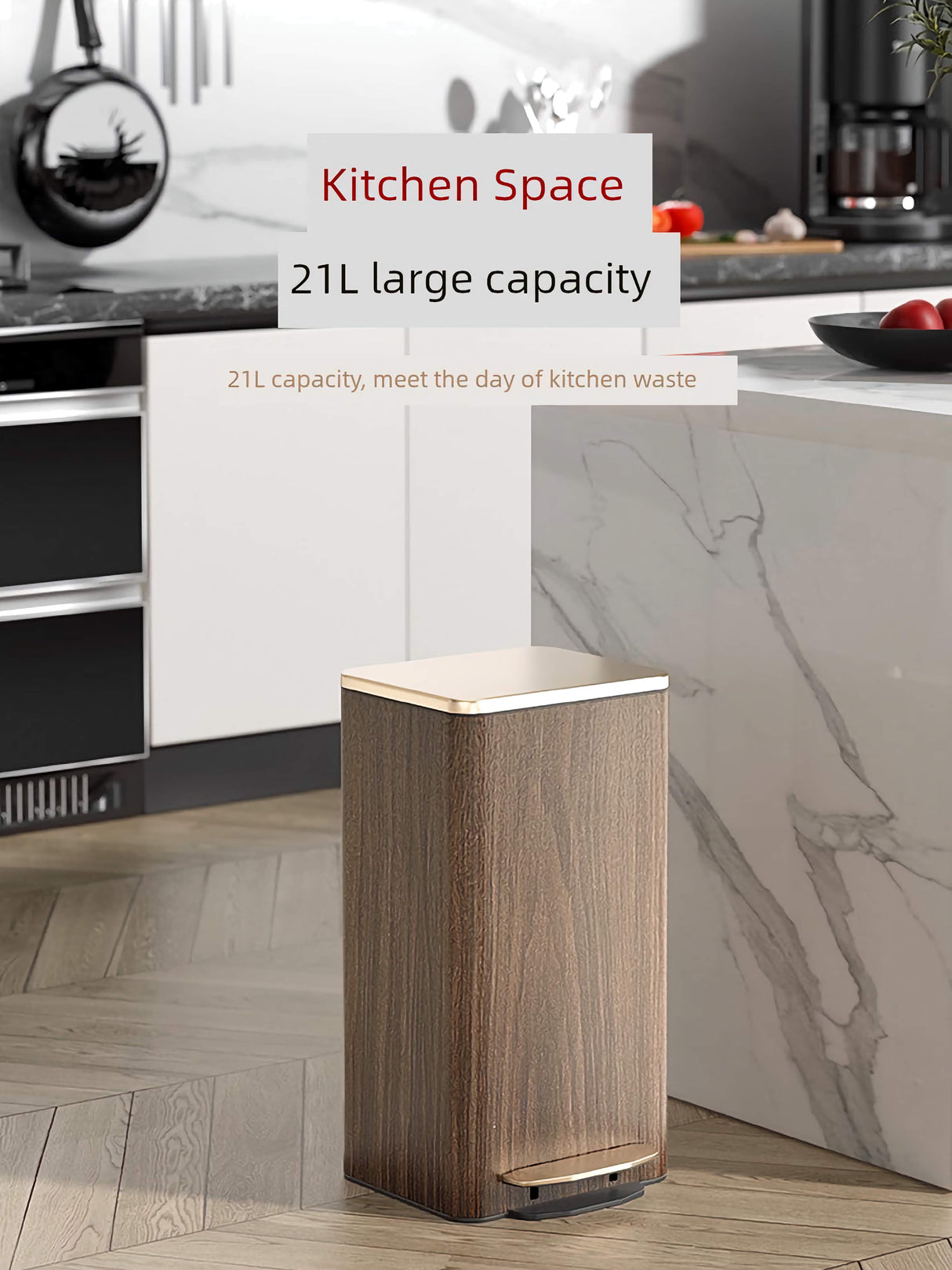 Wooden trash bin with a kitchen setting in the background