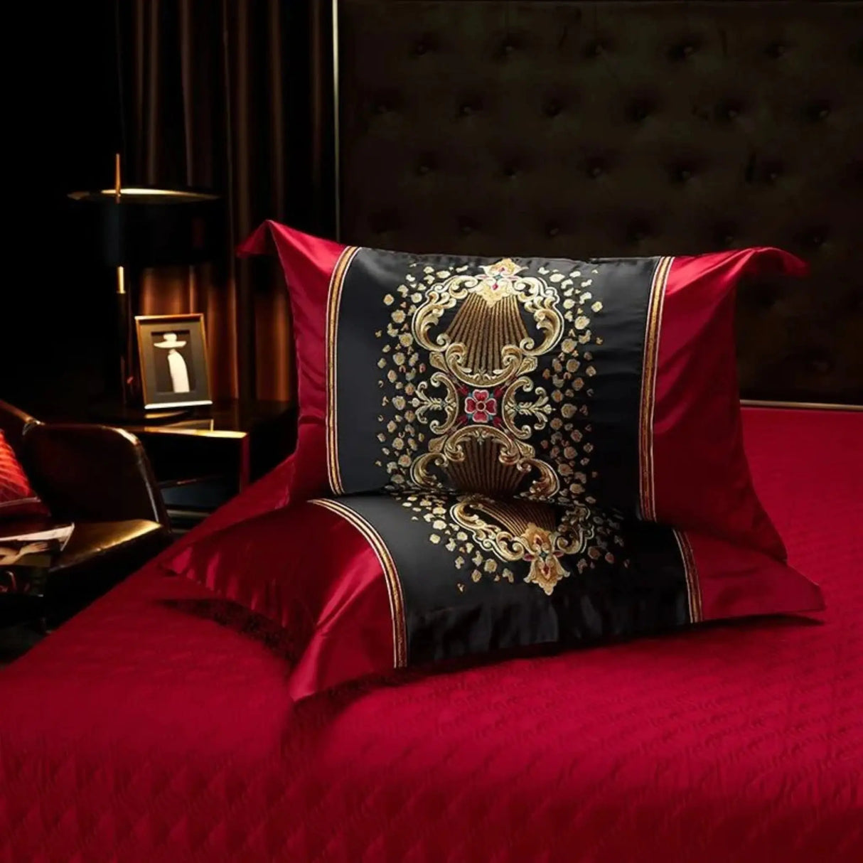 Luxury Black Red Silk Satin & Egyptian Cotton 8Pcs Bedding Set with Embroidery - Julia M LifeStyles