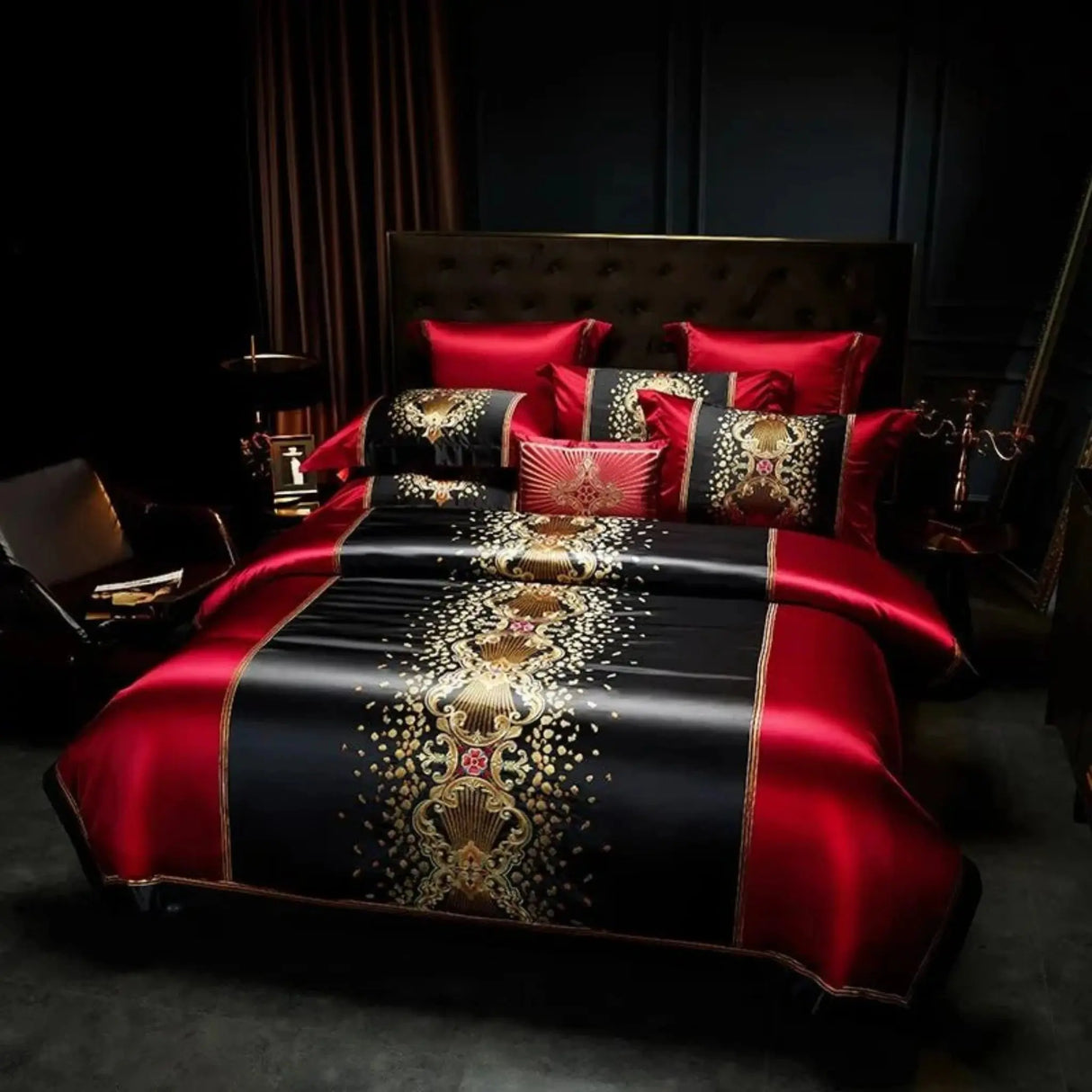 Luxury Black Red Silk Satin & Egyptian Cotton 8Pcs Bedding Set with Embroidery - Julia M LifeStyles