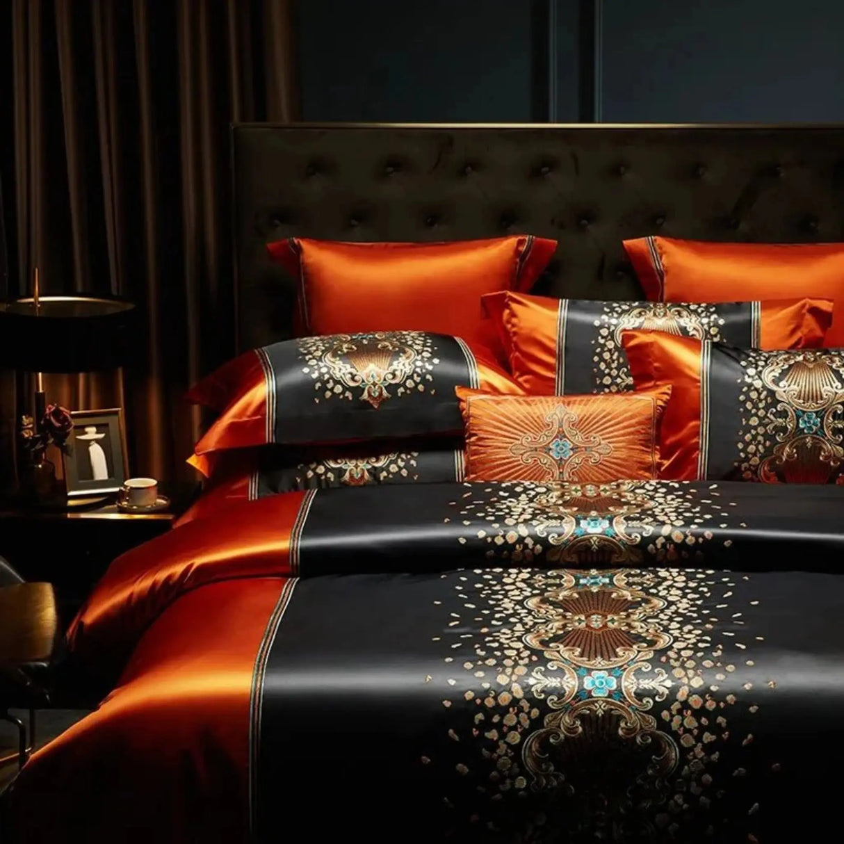 Luxury Black Red Silk Satin & Egyptian Cotton 8Pcs Bedding Set with Embroidery - Julia M LifeStyles