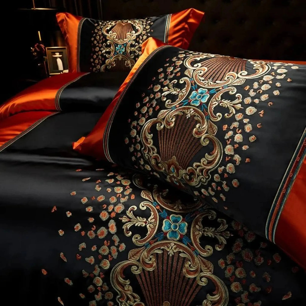Luxury Black Red Silk Satin & Egyptian Cotton 8Pcs Bedding Set with Embroidery - Julia M LifeStyles