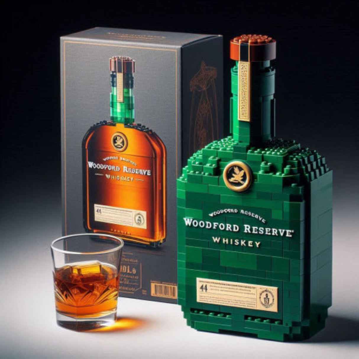 Woodford Reserve whiskey bottle made of interlocking bricks, next to a glass of whiskey and the original bottle.