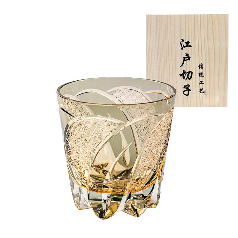 Edo Cazi Japanese Vintage Handmade Carved Amber Chrysanthemum Pattern Glass Wine Ware Edo Cazi Whiskey Wine Glass
