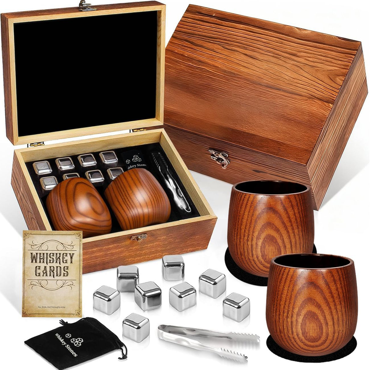 Whiskey Ice Stone Wooden Box Set, Carbonized Jujube Wood Cup Combination, Stainless Steel Ice Stone Complete Gift Box Set