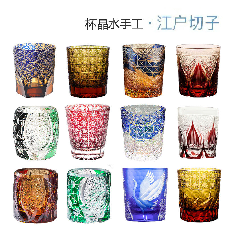 Edo Cazi Japanese Vintage Handmade Carved Amber Chrysanthemum Pattern Glass Wine Ware Edo Cazi Whiskey Wine Glass