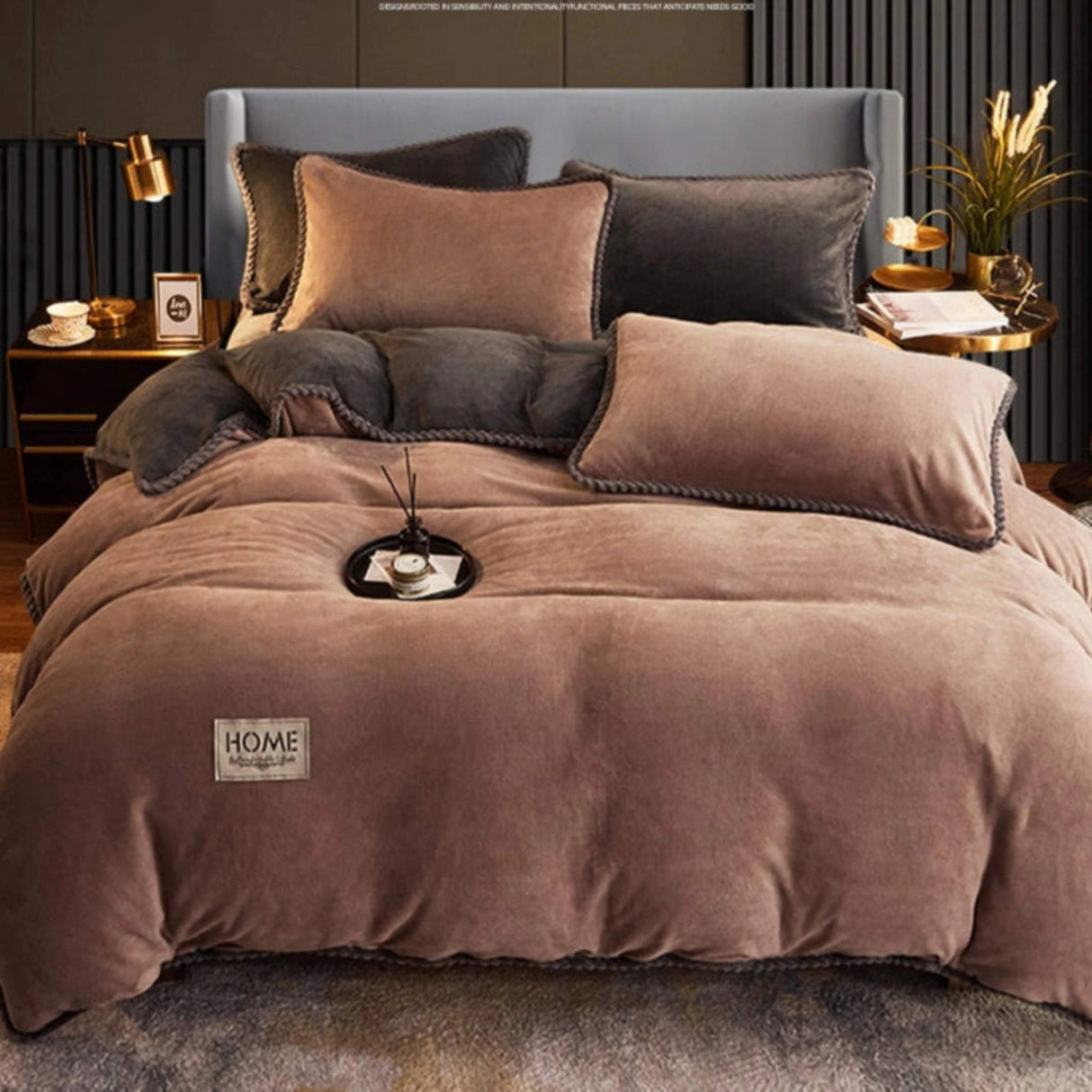 Bedroom with brown bedding and decorative pillows, featuring text about comfort and warmth.