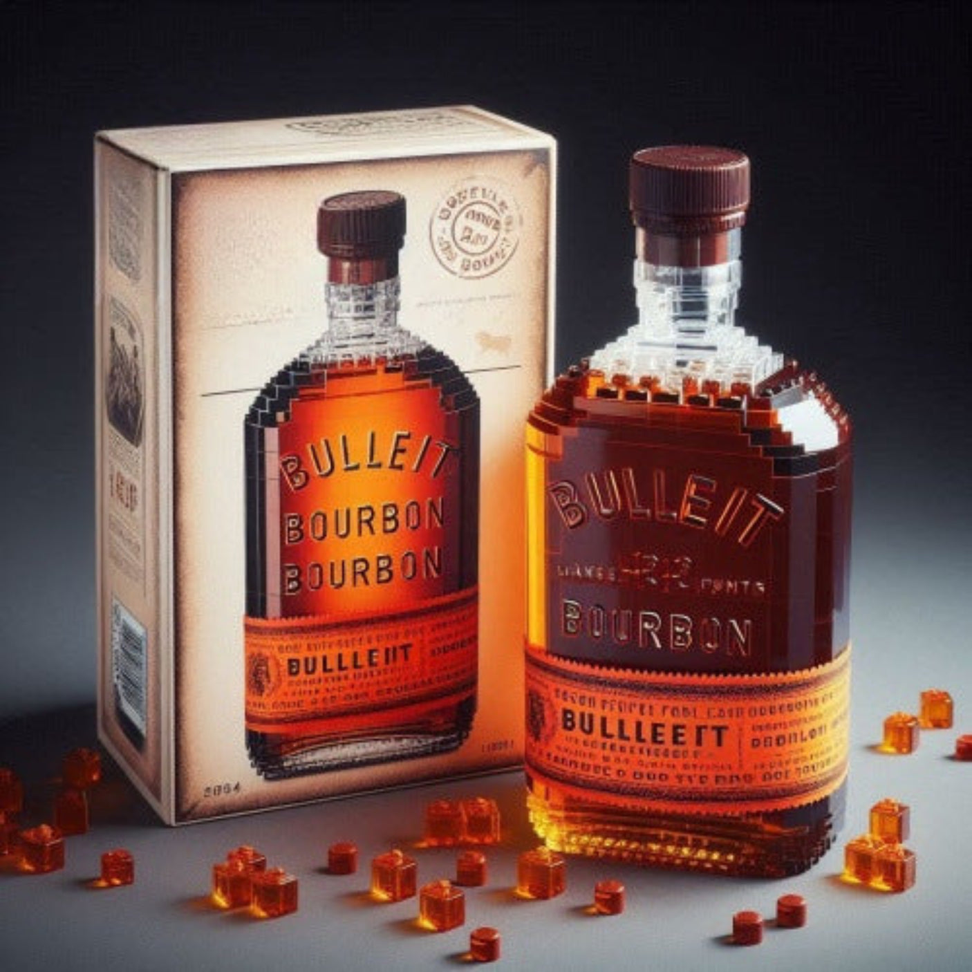 Bottle and packaging of Bulleit Bourbon with ice cubes on a dark background