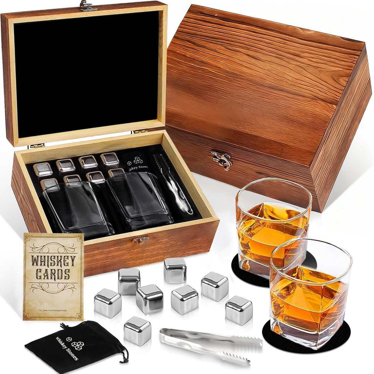 Whiskey Ice Stone Wooden Box Set, Carbonized Jujube Wood Cup Combination, Stainless Steel Ice Stone Complete Gift Box Set