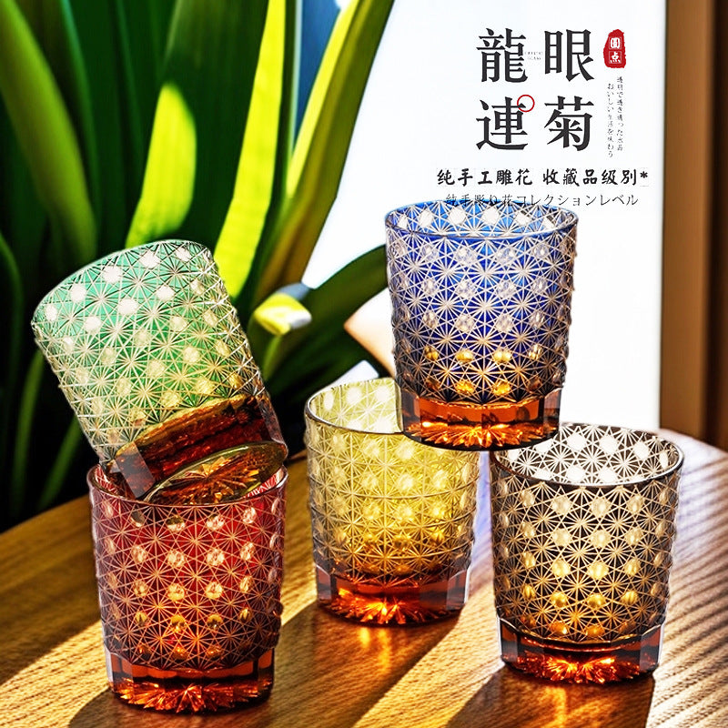 Edo Cazi Japanese Vintage Handmade Carved Amber Chrysanthemum Pattern Glass Wine Ware Edo Cazi Whiskey Wine Glass