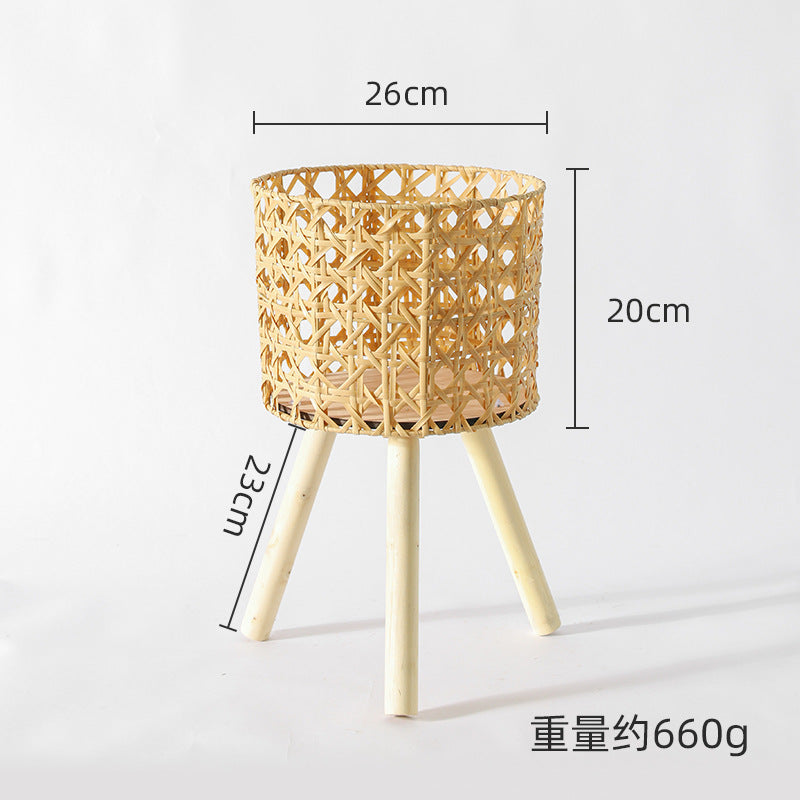 Nordic Solid Wood Rattan Flower Stand Living Room Sofa Combination Floor-Standing Bamboo Storage Rack Balcony Pothos Flower Pot Shelf