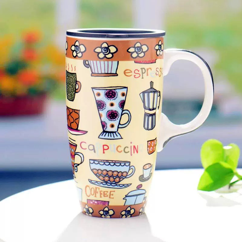 Colorful coffee-themed mug with various coffee-related illustrations on a blurred background