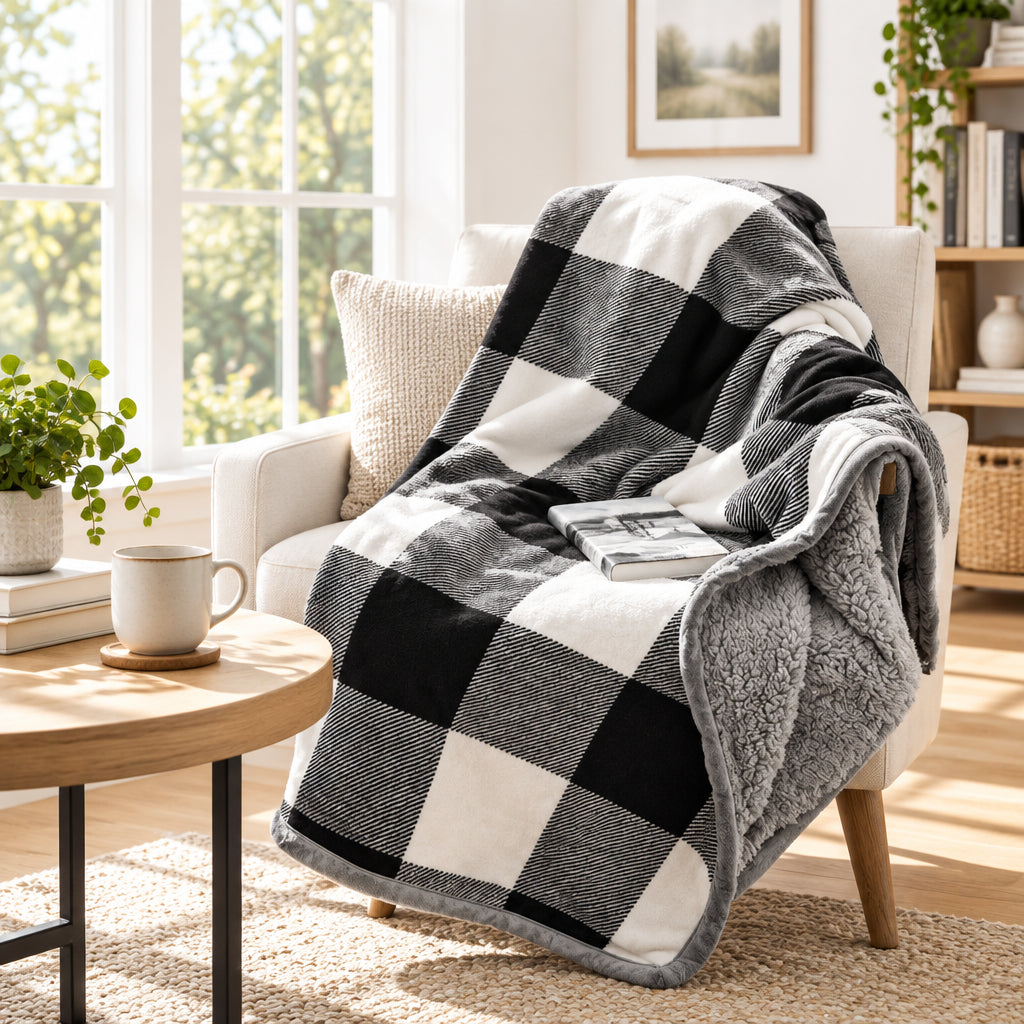Checkered blanket draped over a chair with a book on a wooden floor.