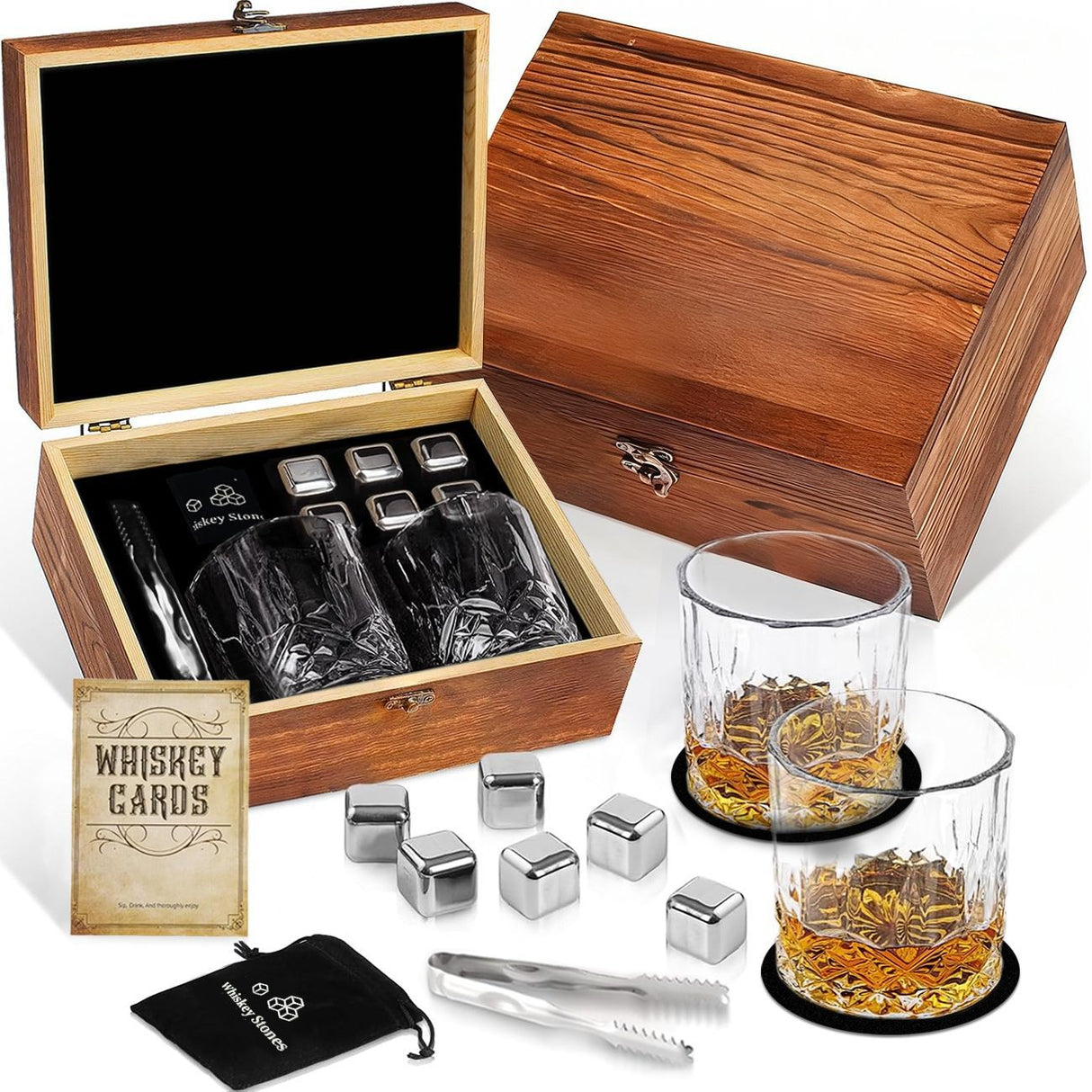 Whiskey Ice Stone Wooden Box Set, Carbonized Jujube Wood Cup Combination, Stainless Steel Ice Stone Complete Gift Box Set
