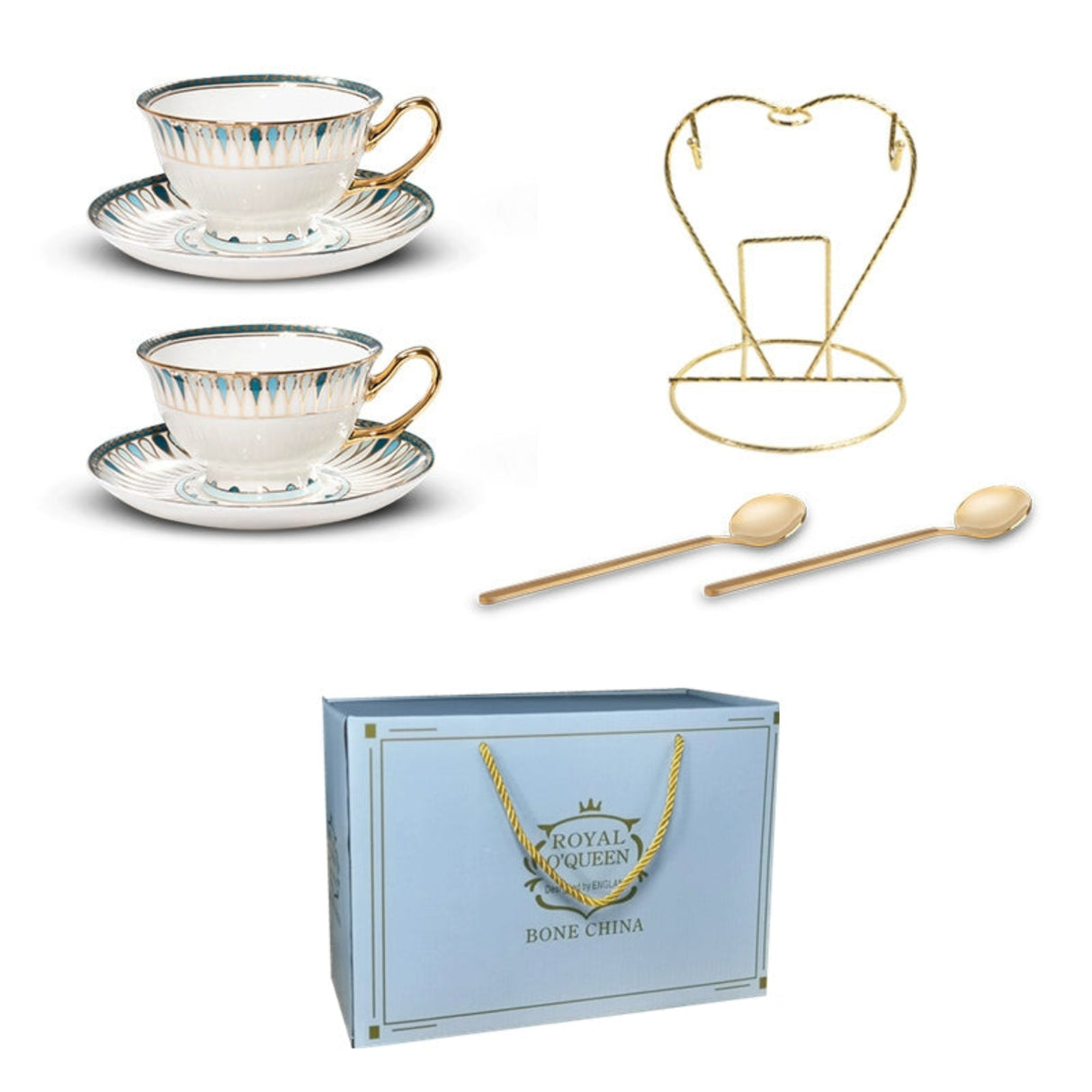 Tea cups and saucers with gold trim, a decorative stand, spoons, and a 'Royal LoQueen' branded box on a white background.