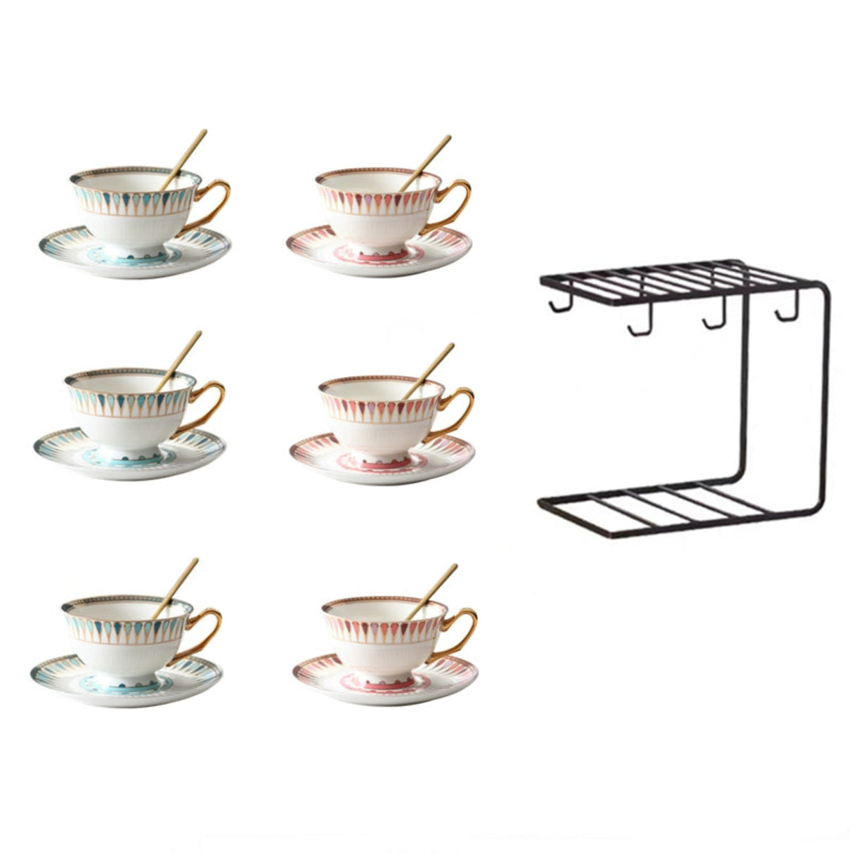 Set of six ceramic teacups with saucers and a black metal rack on a white background