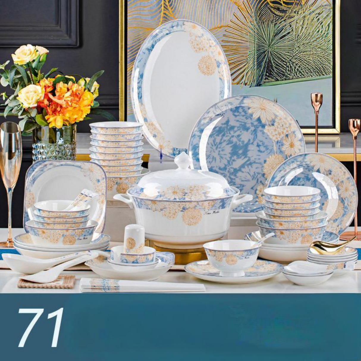 16-80PCs European Style Light Luxury Bone China Time Stroll Dinnerware Set