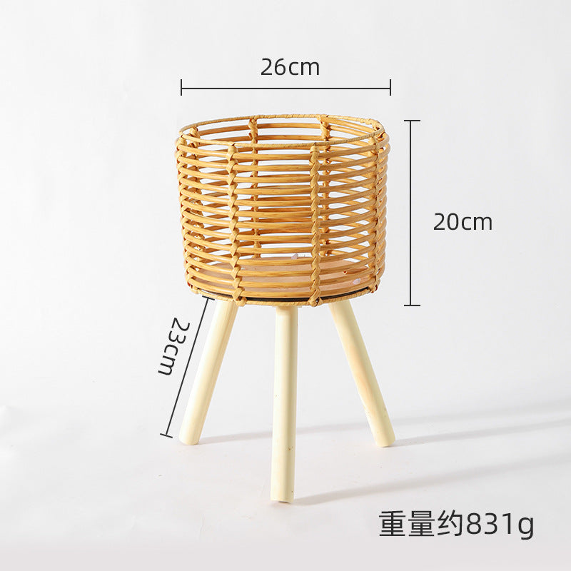 Nordic Solid Wood Rattan Flower Stand Living Room Sofa Combination Floor-Standing Bamboo Storage Rack Balcony Pothos Flower Pot Shelf