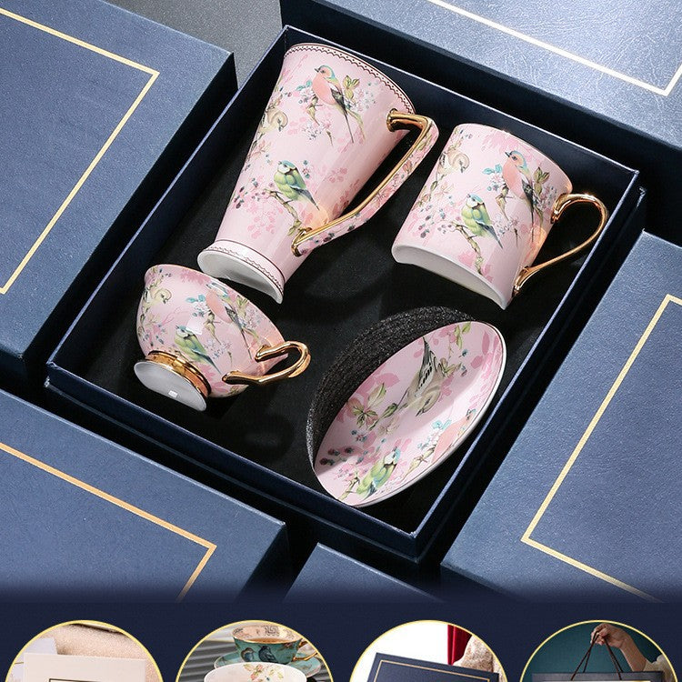 European Porcelain Coffee Cup & Saucer Set – 4-Piece British Afternoon Tea Gift Set