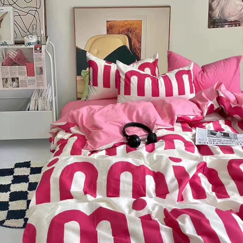 Heart Washed Cotton Cute Minimalist Pink Bed Four-Piece Set - Julia M LifeStyles