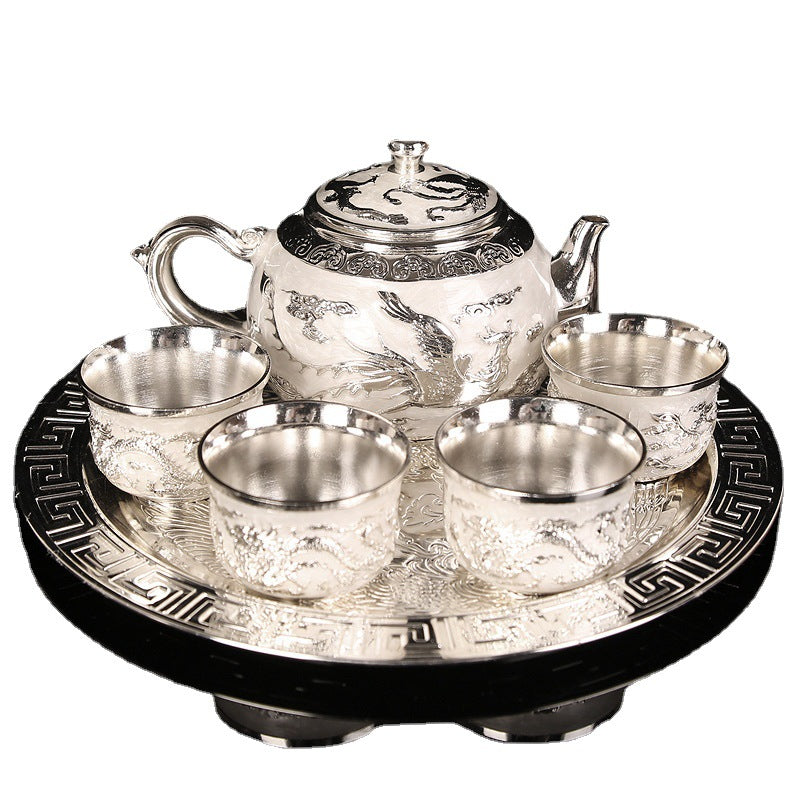 Dragon and Phoenix Silver Tea Set Pure Silver Wine Set 1 Plate 1 Pot 4 Cups Chinese Gift Box Set Teapot Gift