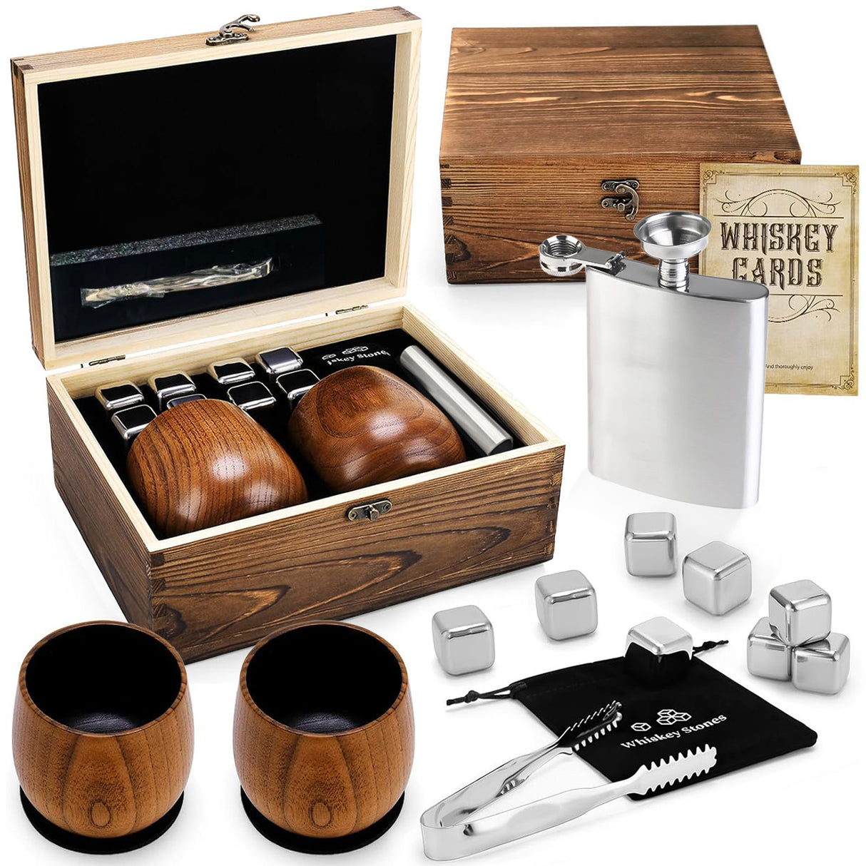 Whiskey Ice Stone Wooden Box Set, Carbonized Jujube Wood Cup Combination, Stainless Steel Ice Stone Complete Gift Box Set