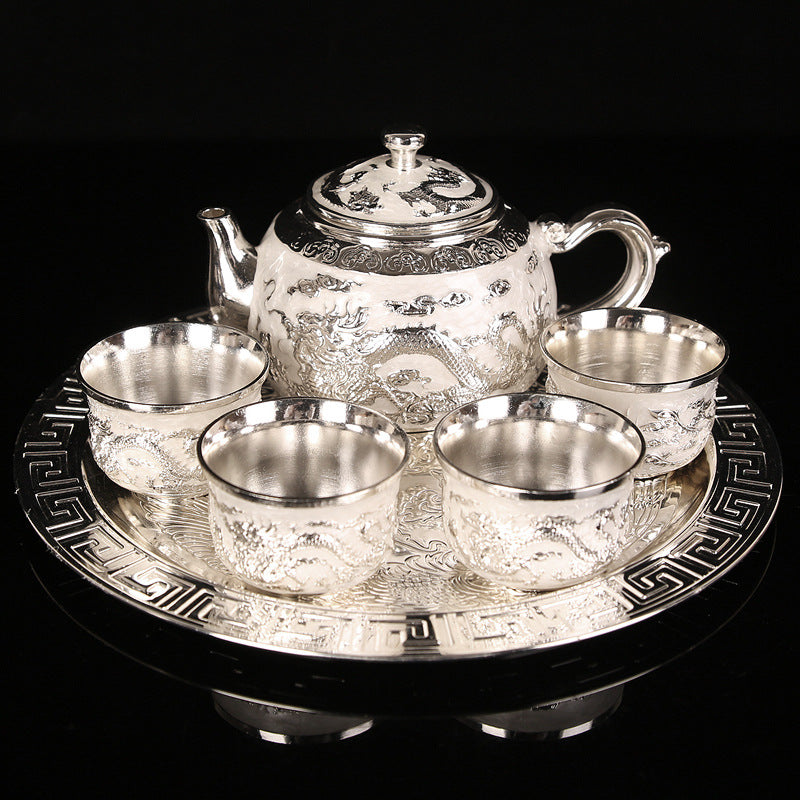 Dragon and Phoenix Silver Tea Set Pure Silver Wine Set 1 Plate 1 Pot 4 Cups Chinese Gift Box Set Teapot Gift