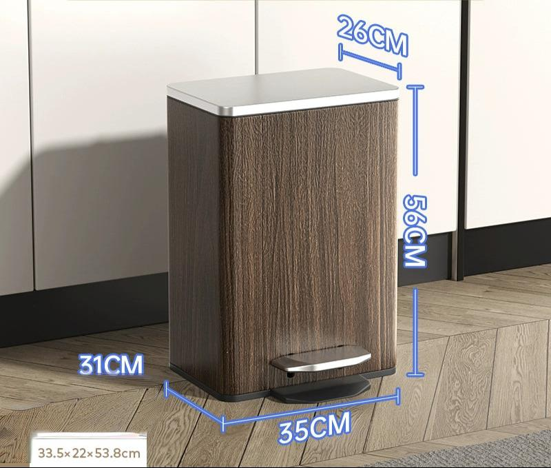 Wooden trash bin with dimensions labeled on a neutral background