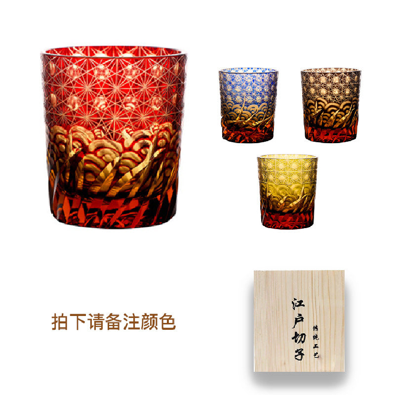 Edo Cazi Japanese Vintage Handmade Carved Amber Chrysanthemum Pattern Glass Wine Ware Edo Cazi Whiskey Wine Glass