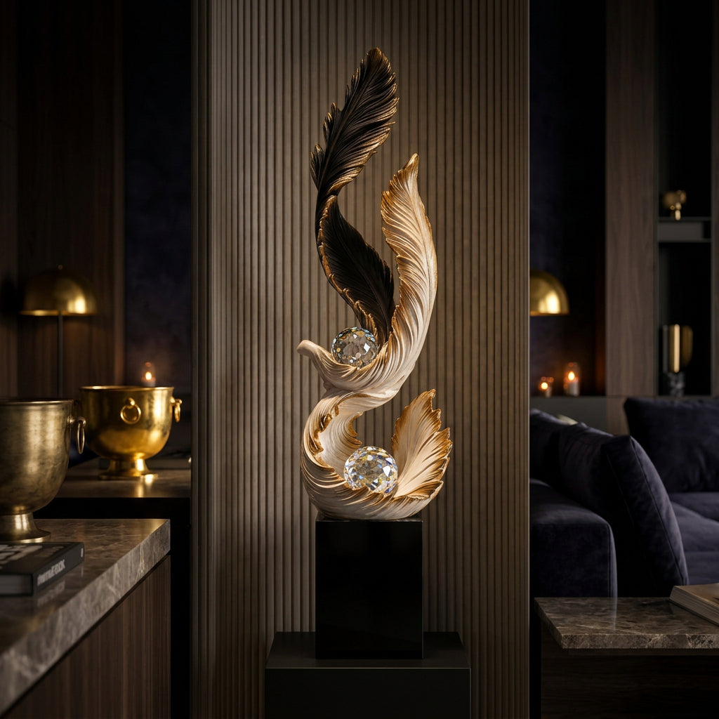 A decorative sculptural bird figure on a black pedestal, shown in an interior setting with wood slat walls and a window in the background. The sculpture is primarily white and black with metallic gold feather accents and clear crystal-like spheres.