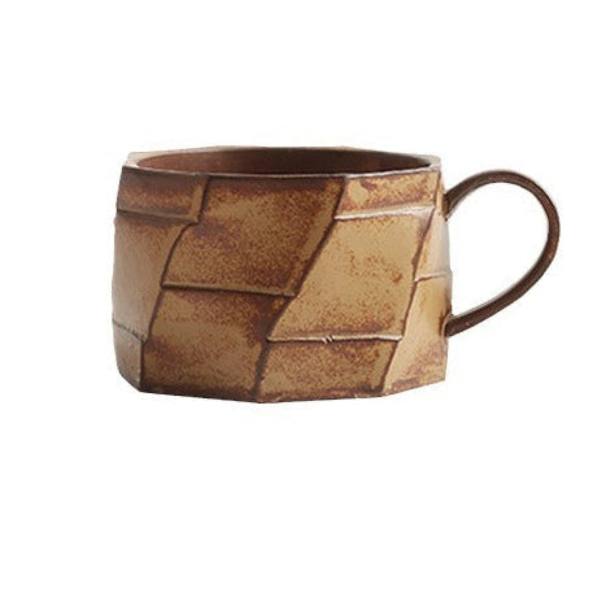 Brown ceramic mug with geometric pattern on a white background