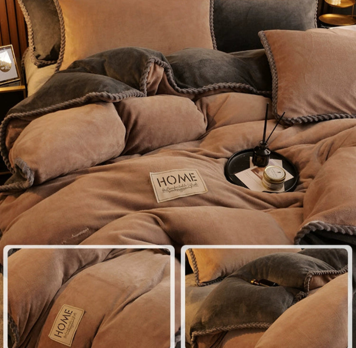 Brown textured blanket with 'HOME' label on a bed, showing A and B version differences.