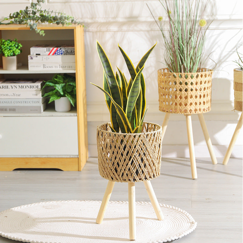 Nordic Solid Wood Rattan Flower Stand Living Room Sofa Combination Floor-Standing Bamboo Storage Rack Balcony Pothos Flower Pot Shelf