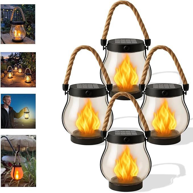 Cross-Border New Solar Flame Lamp Hemp Rope Lantern Courtyard Garden Decoration Mason Lamp Outdoor USB Charging