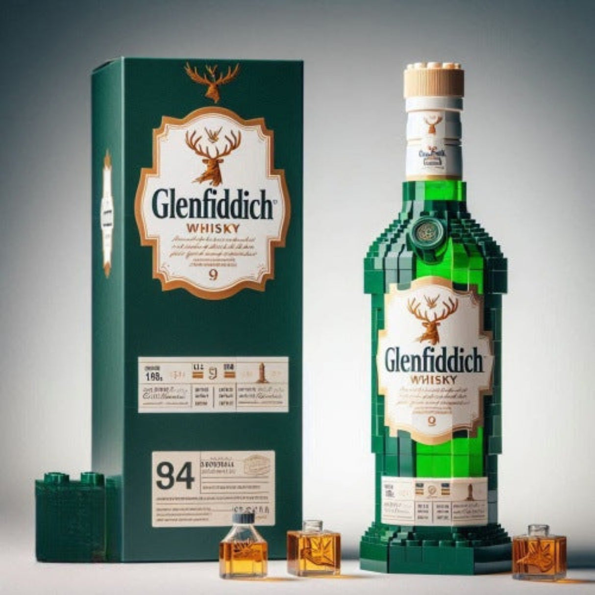 Glenfiddich whisky bottle and packaging made of interlocking bricks on a gray background