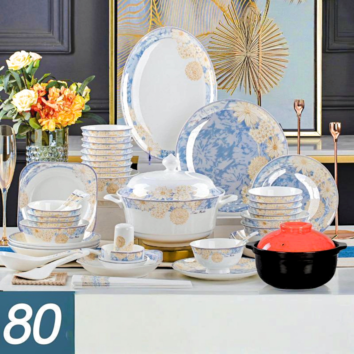 16-80PCs European Style Light Luxury Bone China Time Stroll Dinnerware Set