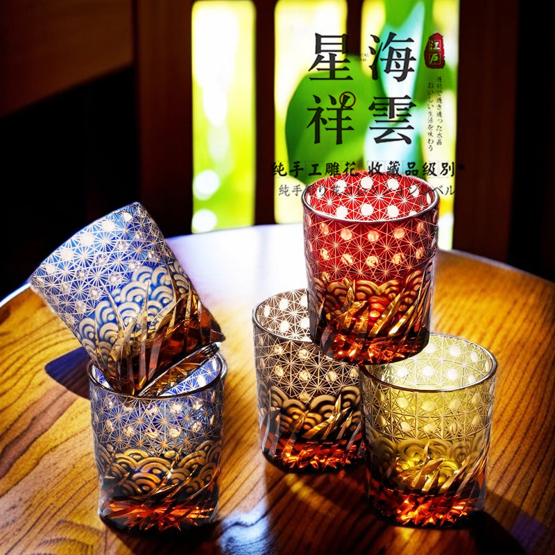 Edo Cazi Japanese Vintage Handmade Carved Amber Chrysanthemum Pattern Glass Wine Ware Edo Cazi Whiskey Wine Glass