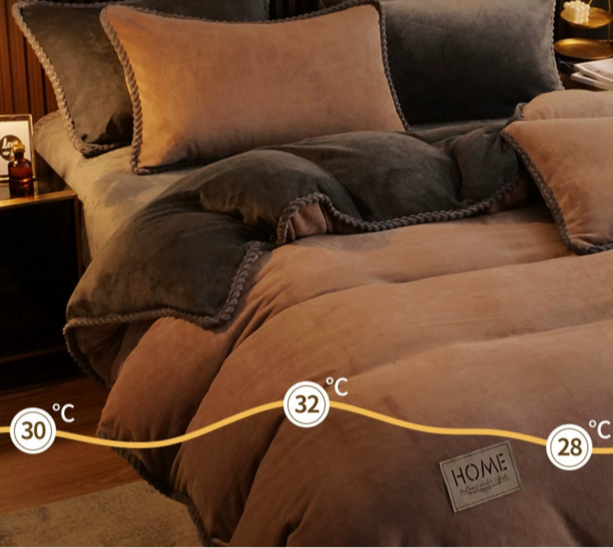 Brown textured comforter on a bed with temperature labels showing warmth.
