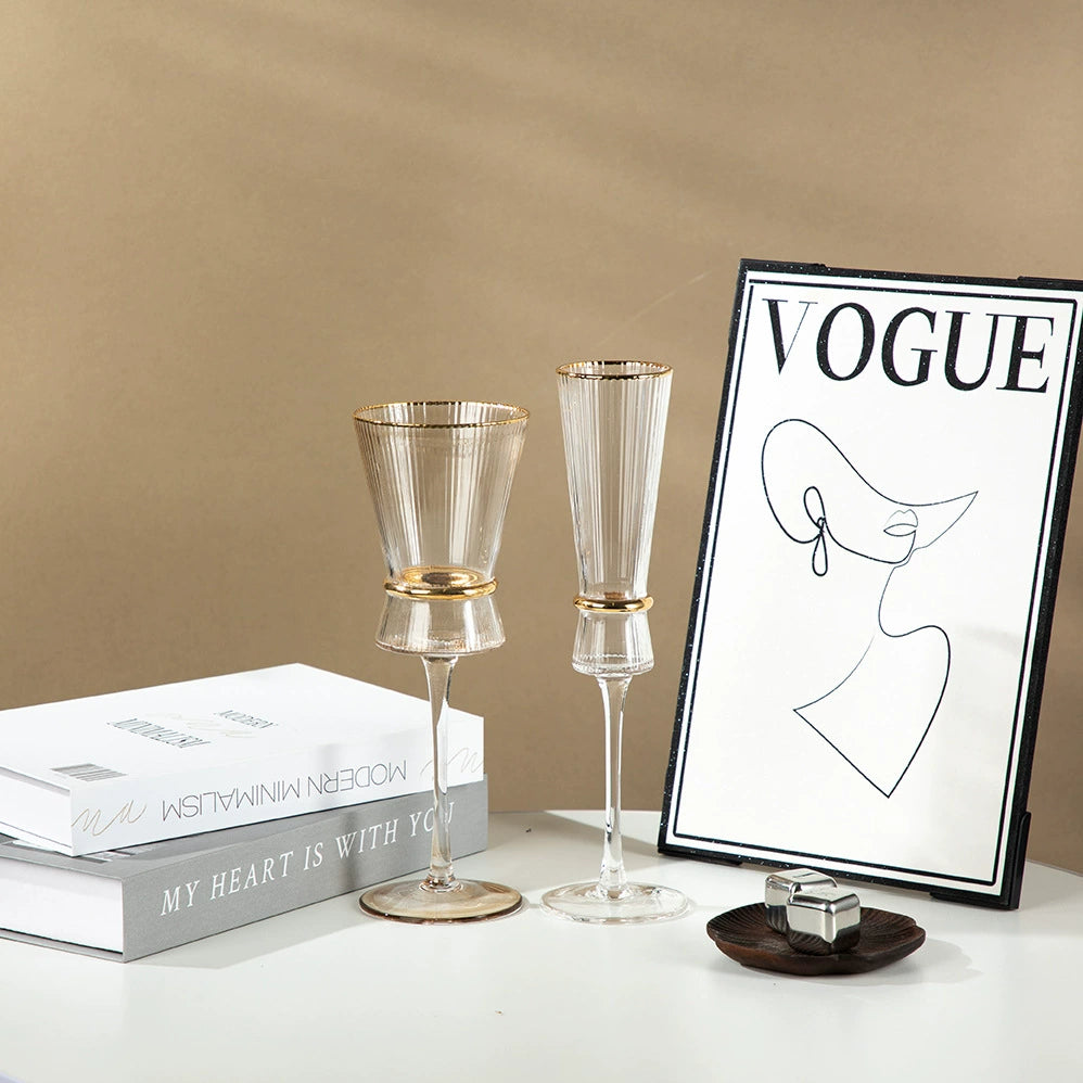 Champagne Glass Gold Trimming Waistline Goblet Champagne Glass Cocktail Glass Vertical Grain Water Cup Suit Electroplated Gold Creative Wine Ware Julia M Home & Kitchen