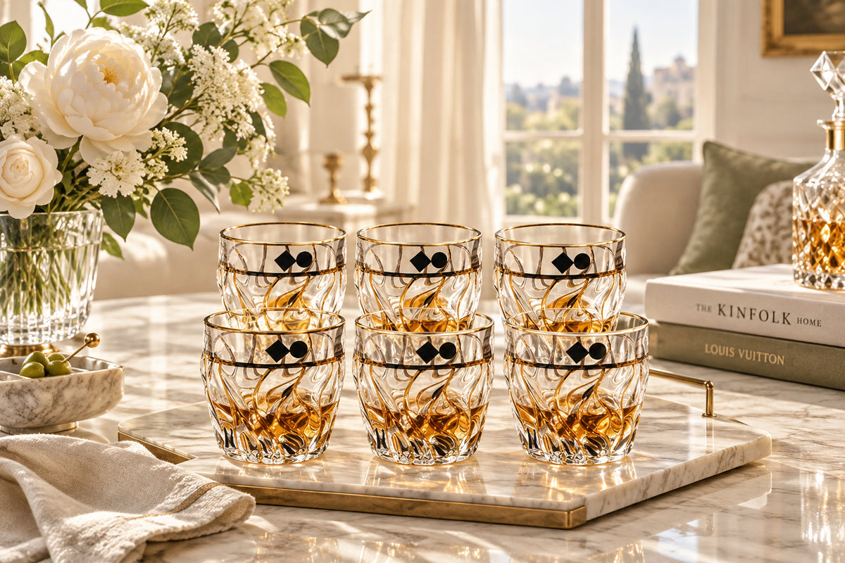 Set of six Bohemia Crystal glasses with decorative patterns on a white background