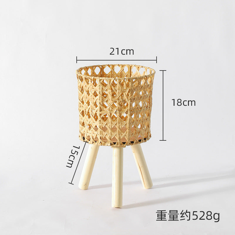 Nordic Solid Wood Rattan Flower Stand Living Room Sofa Combination Floor-Standing Bamboo Storage Rack Balcony Pothos Flower Pot Shelf