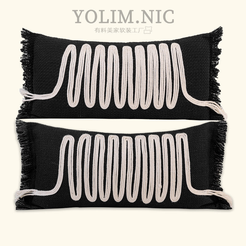 Modern Silent Cotton Rope Woven Long Waist Pillow Sofa Pillow Model Room Decorative Cushion Black Beige